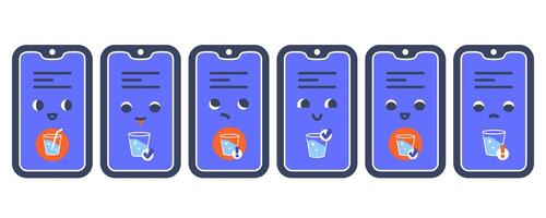 Cartoon characters with various emotions. Mobile phone with digital alert to drink water. Kawaii face. Smartphone screen with hydration reminder and glass icon. Notification. Health concept. vector