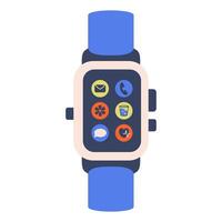 Hand watch Smartwatch icon set. Universal Smartwatch with Square watch screen and blue strap. Fashion Digital watch with app icons. Fitness tracker. Modern smart gadget top view. illustration vector