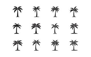 Set of black palm or coconut tree silhouettes showing different artistic styles and variations. Perfect for summer, beach, vacation, tropical themes, and nature-related concepts. vector