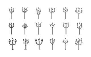 A diverse set of trident-themed icons drawn with clean lines, showcasing distinct shapes and styles for creative and symbolic design applications. vector