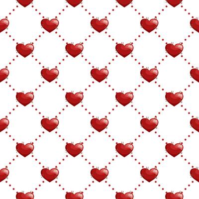 Seamless pattern with hearts. Geometric red repeating texture of dotted rhombuses with hearts in nodes.
