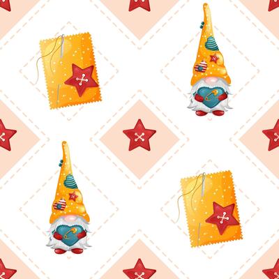 Seamless rhombus pattern with cute gnomes and star buttons. Geometric sewing texture.
