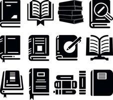 A set of twelve diverse book icons in a solid black silhouette style. vector