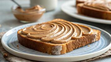 A delicious slice of toast with peanut butter, ready for breakfast or a snack. photo