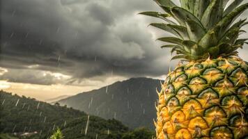 A pineapple in the rain against a backdrop of mountains and a stormy sky. photo
