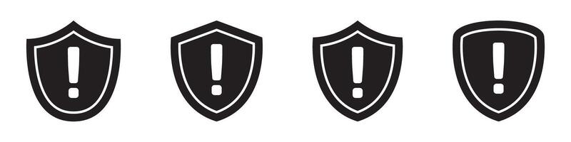 Security shield with exclamation mark icon, warning icons set. vector