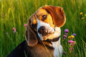 A curious beagle dog tilting its head playfully in a vibrant green field of grass and flowers. photo