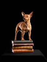 A curious dog poses on a stack of vintage books, ready to learn. photo
