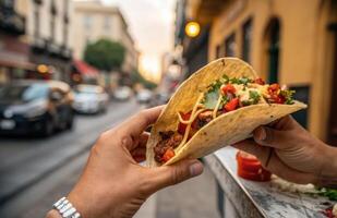 Person holding a flavorful taco with a city street background photo