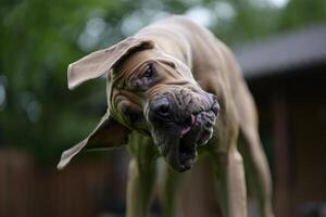 A great dane with a funny expression, showing its tongue in a close up shot. photo