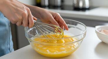 A person mixing eggs with a whisk photo
