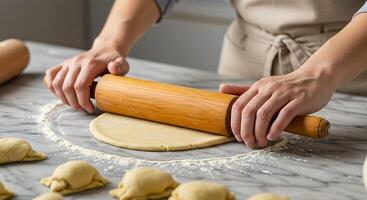 A person rolling dough on a table with dough balls photo