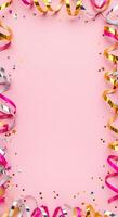 Pink Party Background with Colorful Ribbons and Confetti photo