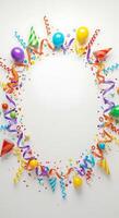 A circle of colorful confetti and balloons on a white background photo