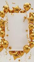 Golden balloons and confetti around a square frame photo