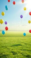 Colorful Balloons Floating Over a Lush Green Meadow Under a Sunny Sky photo