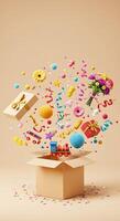 Open box with confetti and balloons on a beige background photo