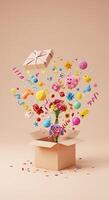 A box with a flower and confetti coming out of it photo