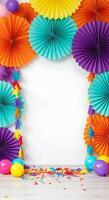 A room with colorful paper fans and balloons photo