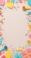 Birthday party background with confetti, balloons, and party hats photo