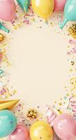 Birthday party background with balloons, confetti and streamers photo