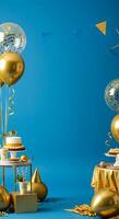 A table with a cake and balloons on it photo