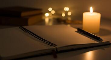 A notebook with a pen and a candle on a table with a book and a candle photo