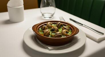 A bowl of clams on a white plate photo
