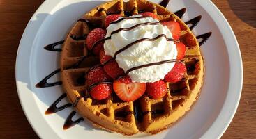 Delicious Waffle with Strawberries, Whipped Cream, and Chocolate Sauce photo