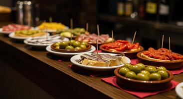 A table with many plates of food photo