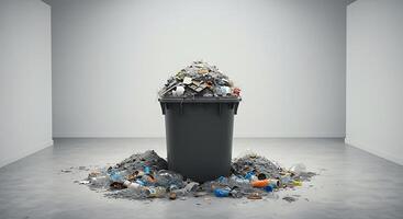 Garbage can in a room with a lot of trash photo