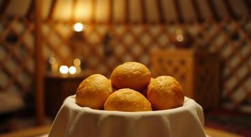 A bowl of doughnuts sitting on a table photo