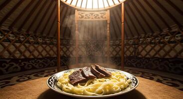 A bowl of noodles and meat on a table photo