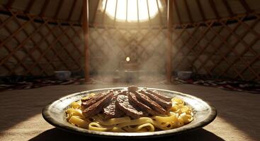 Steaming Beef and Noodles inside a Mongolian Yurt photo