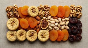 A variety of dried fruits arranged in a square photo