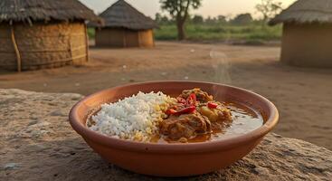 Savory Stew and Rice in a Rustic Setting photo