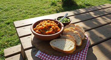 A bowl of food on a picnic table photo