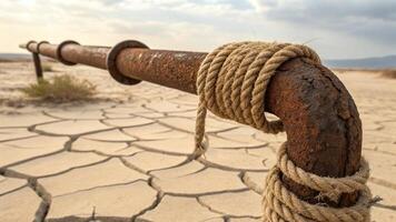 a rusty pipe with rope tied to it in the desert photo