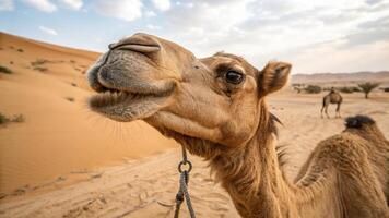 A camel is standing in the desert with its mouth open photo