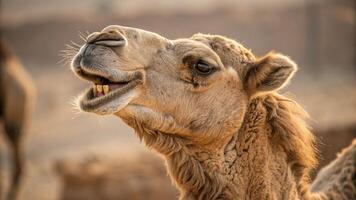 A camel with its mouth open and its teeth showing photo