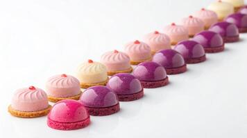 Elegant Row of Gradient Colored Mini Cakes on a Clean White Surface a Culinary Delight photo