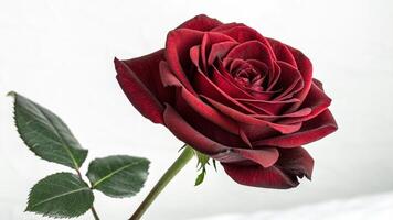 A single red rose is shown in front of a white background photo