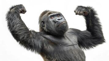 a gorilla is flexing his muscles in front of a white background photo