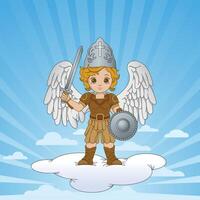 Drawing of Archangel Michael with shield and sword standing on a cloud against a blue sky background vector