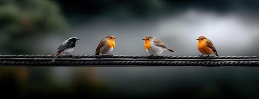 Four birds sitting on a wire with a blurry background photo