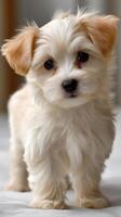 A small white dog standing on a bed photo