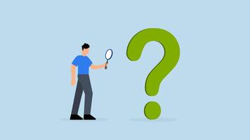 Problem analysis, 4k animation of businessman analyze using magnifying glass to analyze question mark symbol. video