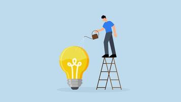 Idea development. 4k animation of businessman is watering light bulb with ladder to fill it with fluids. video