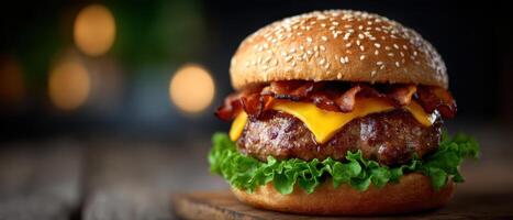 Gourmet burger with bacon and cheese natural setting food photography bright lighting photo