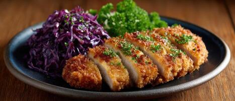 Cozy japanese tonkatsu with cabbage slaw and sunny bacon food photography photo